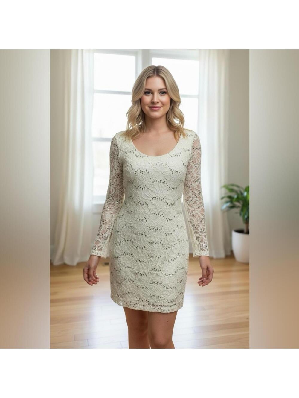 Ruby Rox Ivory Lace Long-Sleeve Scoop Neck Dress